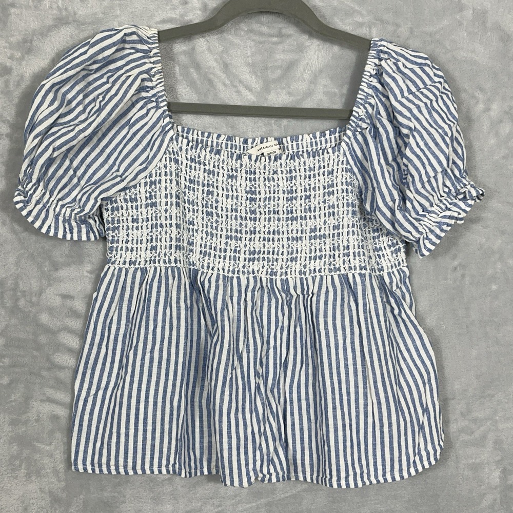American Eagle Womens‎ Top S Peasant Smocked Linen Blend Striped Boho Festival